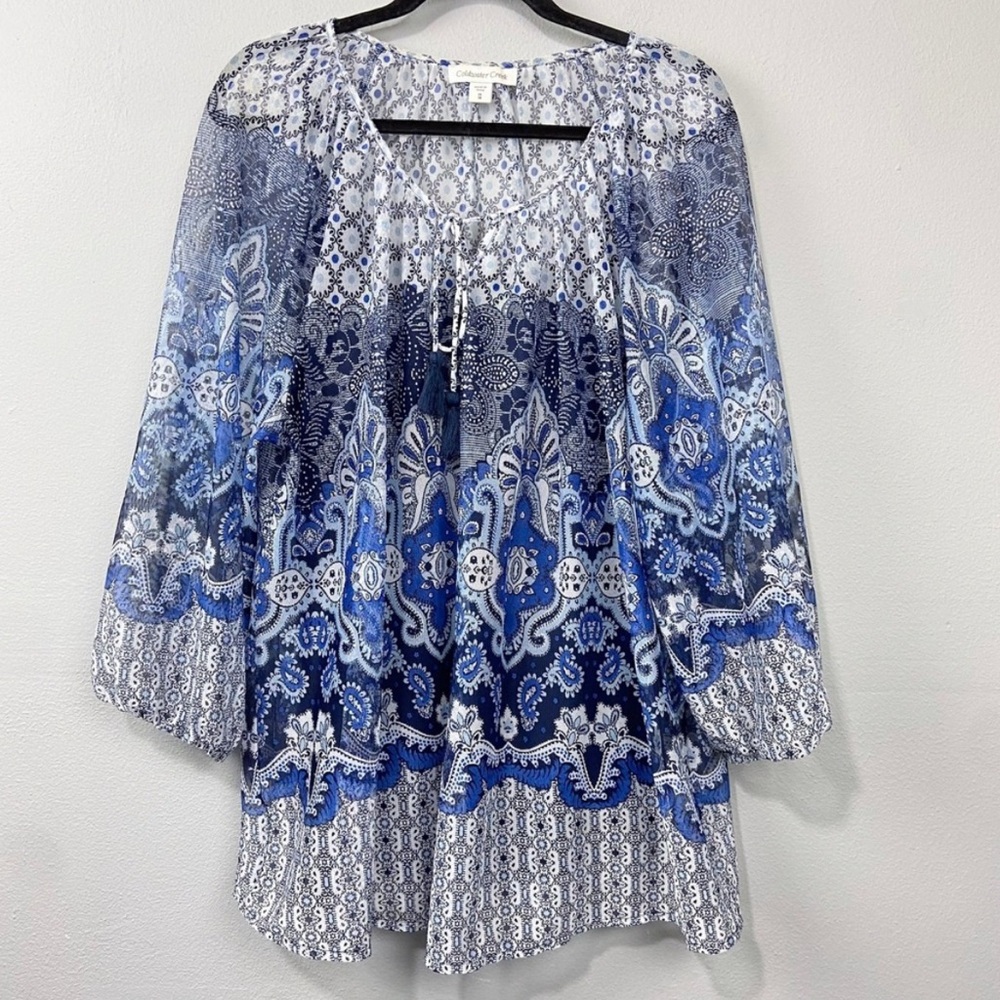 Coldwater Creek Blue and White Patterned Peasant Blouse w/ Tassels